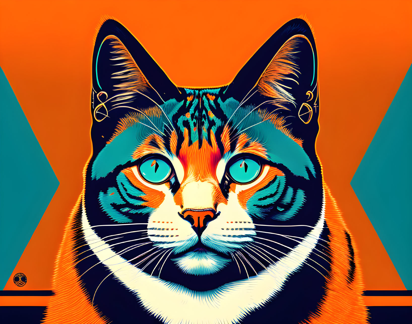 Colorful digital artwork of a bold cat against geometric backdrop