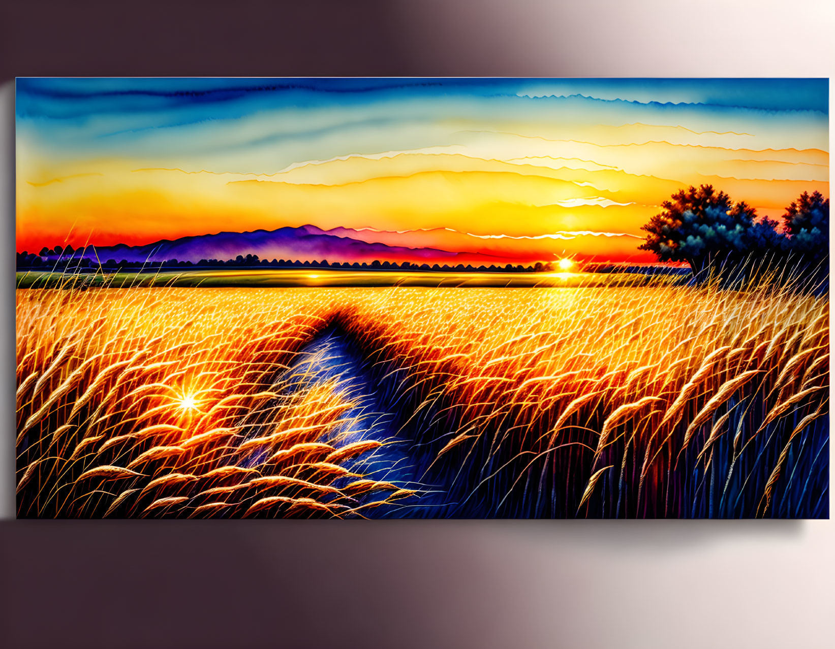 Sunset painting: Wheat field, path, mountains, colorful sky