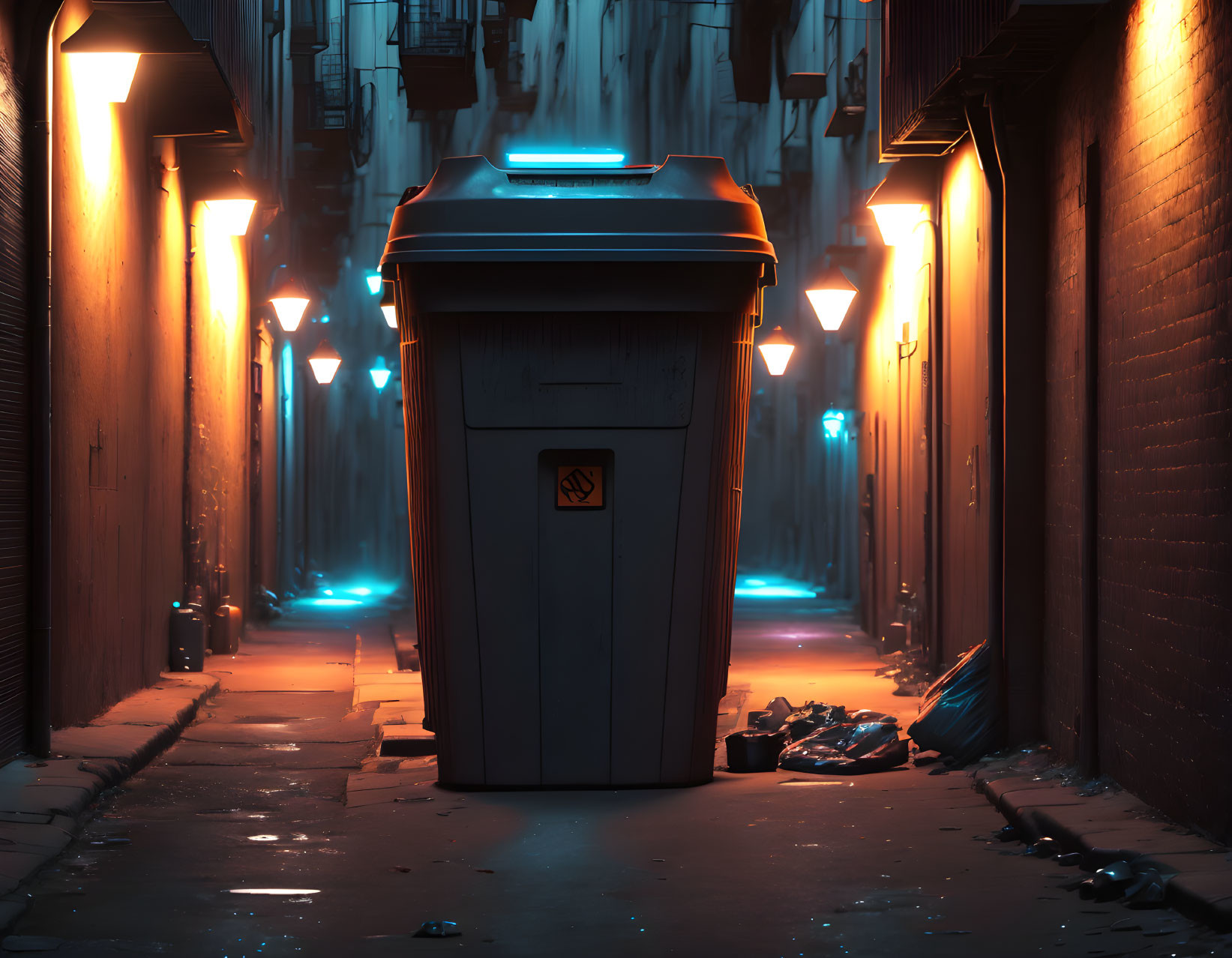 Blue-Glowing Dumpster in Night Alley with Neon Signs