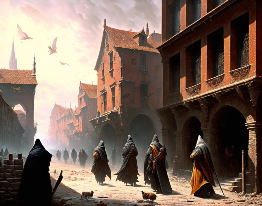 Cloaked Figures in Medieval City Street with Birds and Cats