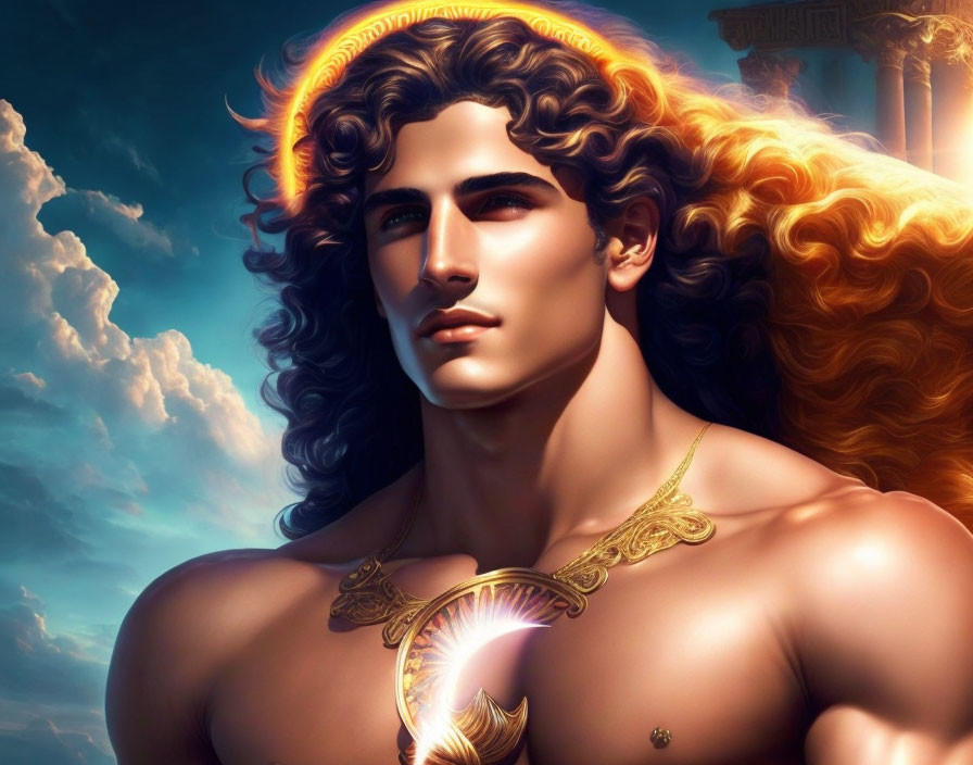 Mythological figure with golden hair and necklace under glowing sky