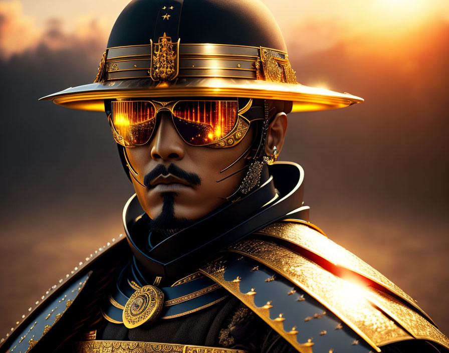 Stylized portrait of a person in ornate armor with golden crest and reflective sunglasses on sunset background