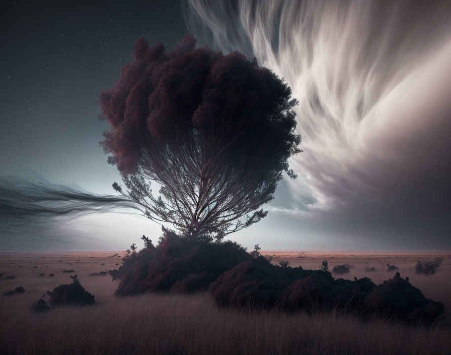 Solitary Tree in Grassy Field under Twilight Sky