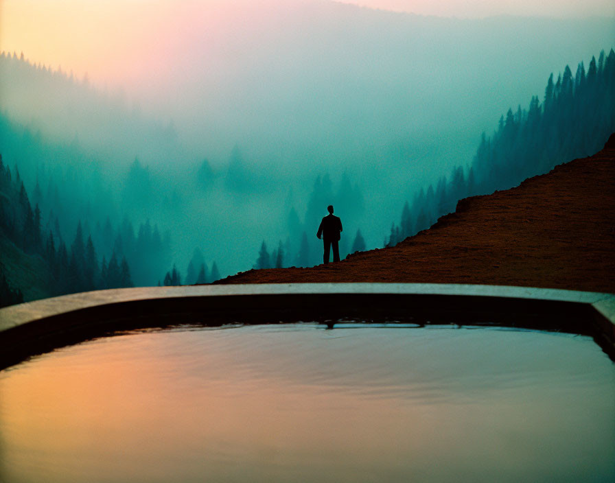 Silhouetted person gazes at foggy forest from ridge at sunrise or sunset