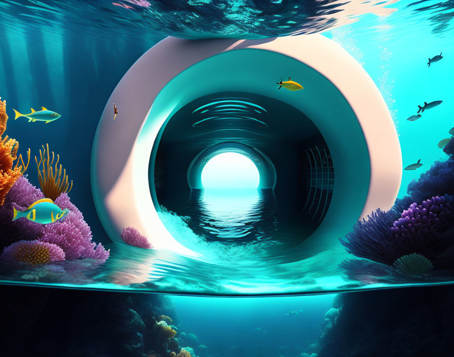 Circular tunnel surrounded by marine life and vibrant coral in surreal underwater scene