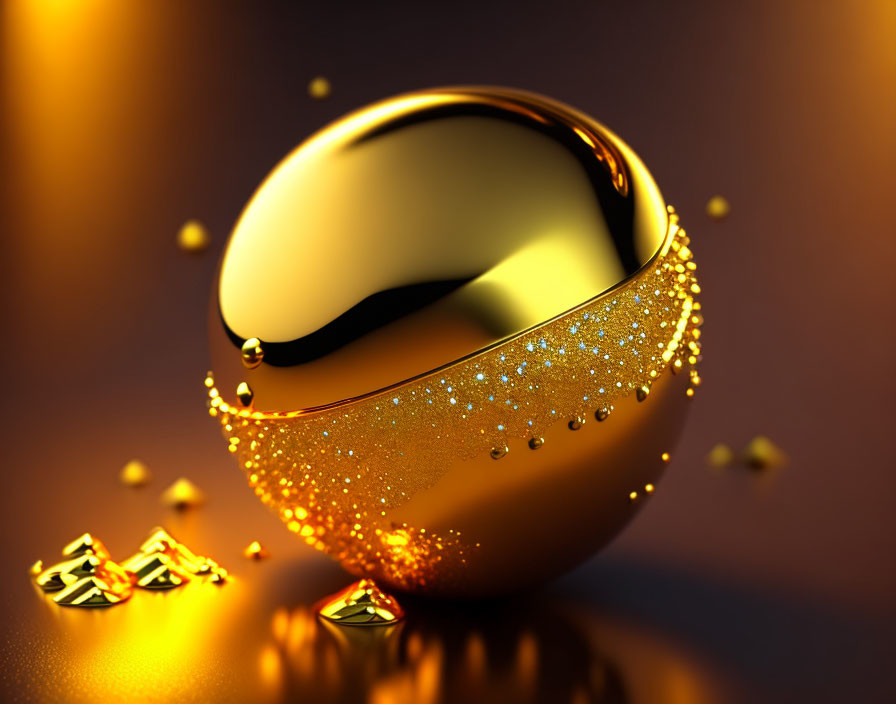 Shiny golden sphere with crack, surrounded by sparkling fragments on reflective surface