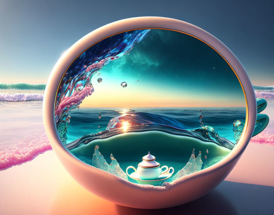 Surreal coffee cup with ocean waves and sunset beach scenery