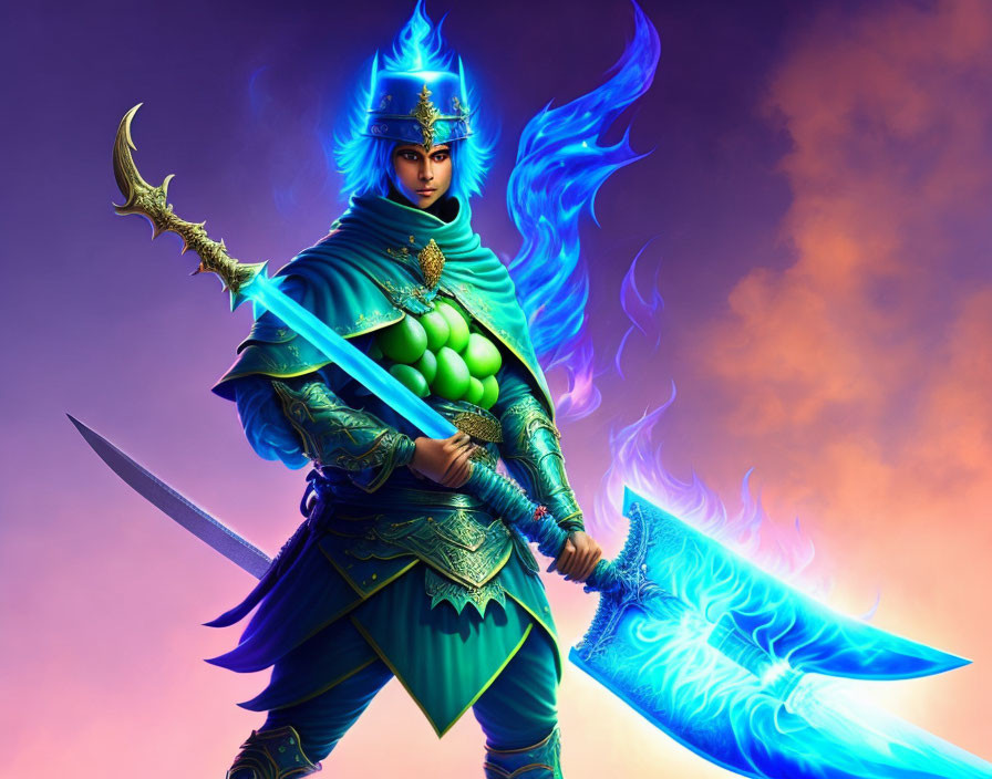 Fantasy warrior in green armor with blue flame aura.