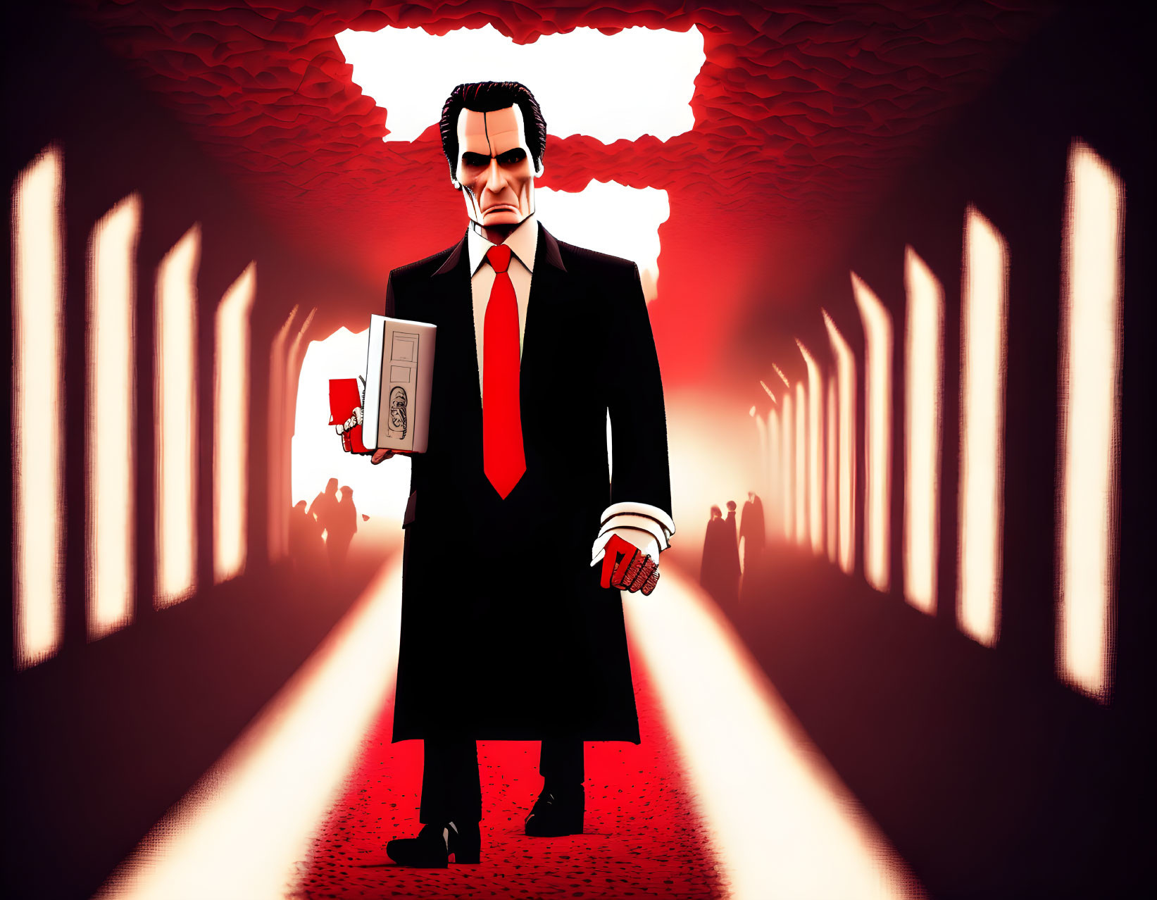 Stylized illustration of man with gun and briefcase on red backdrop