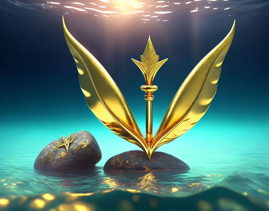 Golden Trident with Wings in Tranquil Underwater Scene