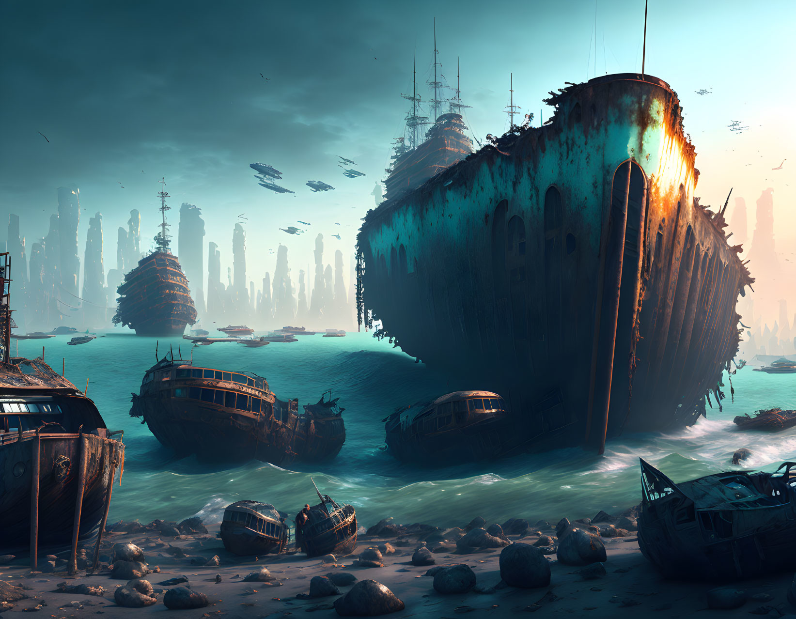 Derelict ships on a dystopian shore with towering city structures.