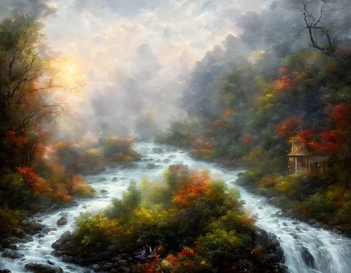 Tranquil forest scene with river, autumn trees, and gazebo