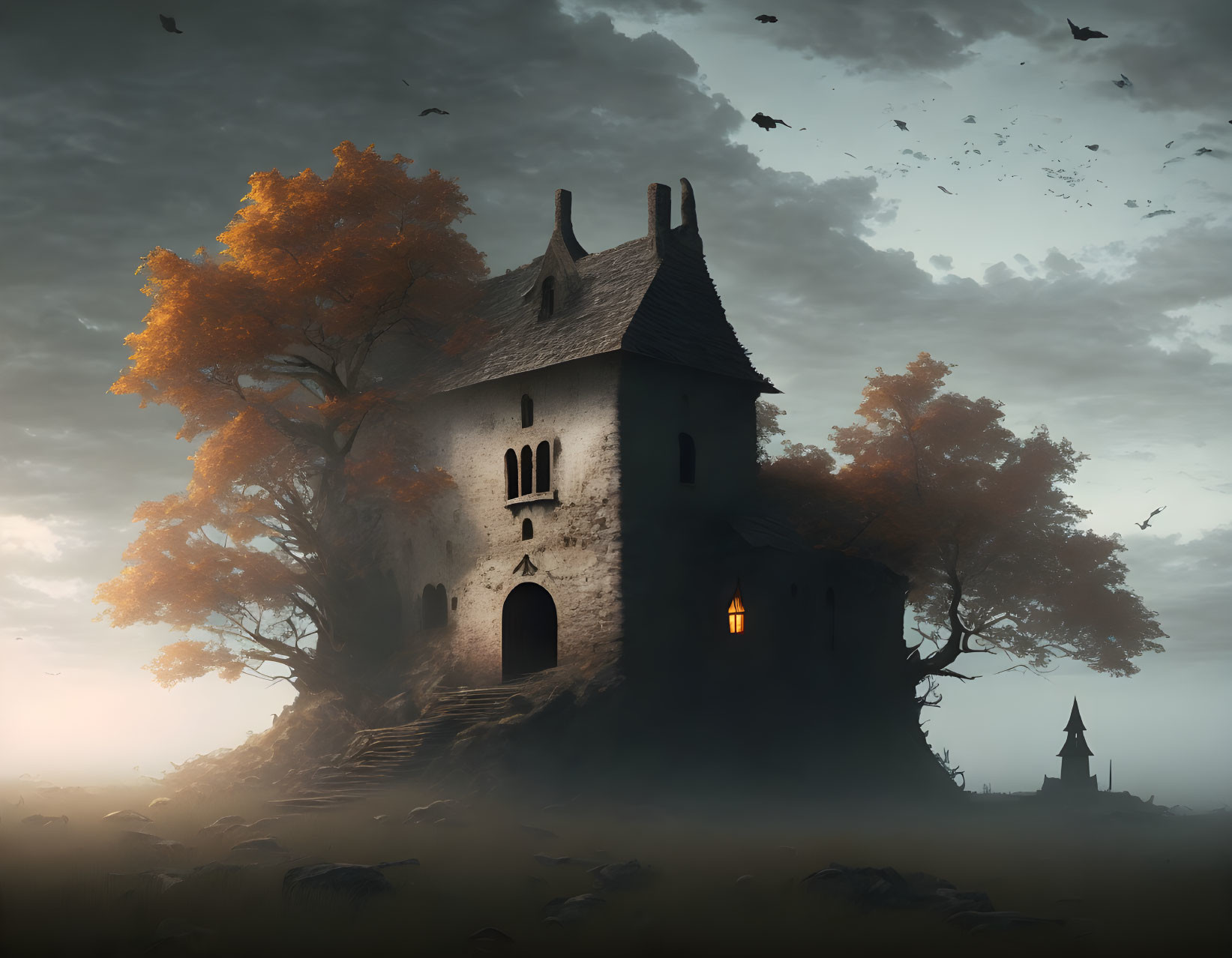 Medieval tower in autumn landscape with lone lit window