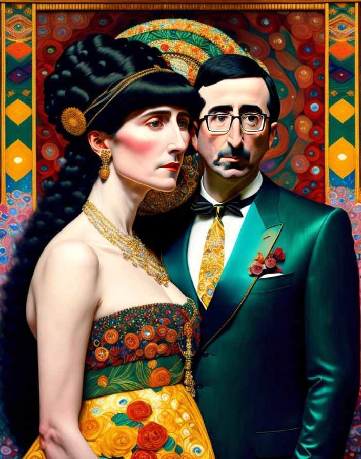 Colorful Stylized Portrait with Woman in Golden Dress and Man in Teal Suit