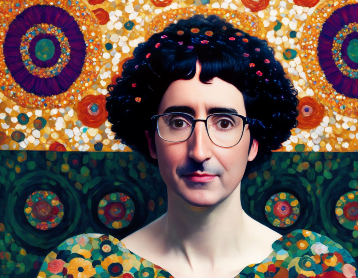 Digitally Altered Portrait with Curly Hair, Glasses & Psychedelic Patterns