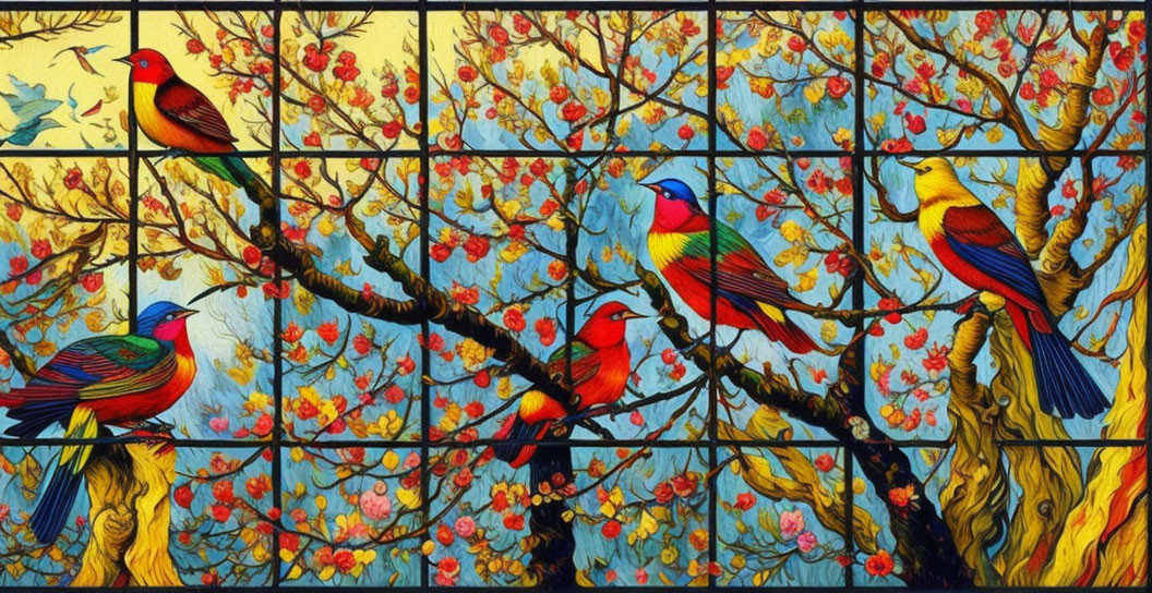 Vibrant Birds on Blossoming Tree Branches in Colorful Panels