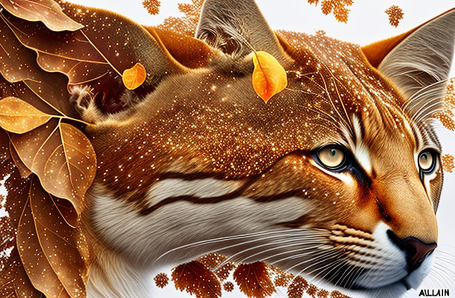 Fantastical feline illustration with autumn leaves ears and sparkling fur.