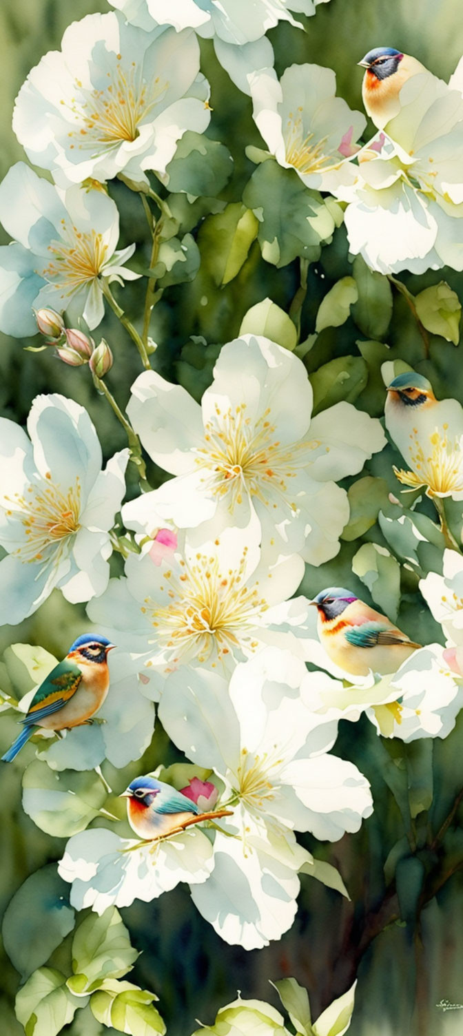 Vibrant white flowers and colorful birds in artistic painting