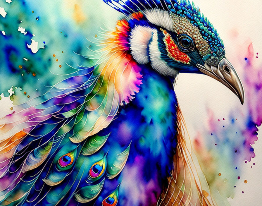 Colorful watercolor painting of a peacock with blue and green plumage and eye-like patterns