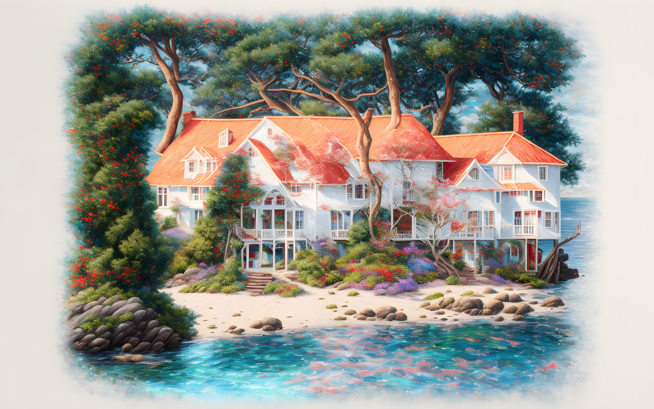 Waterfront homes surrounded by lush trees and vibrant flowers.