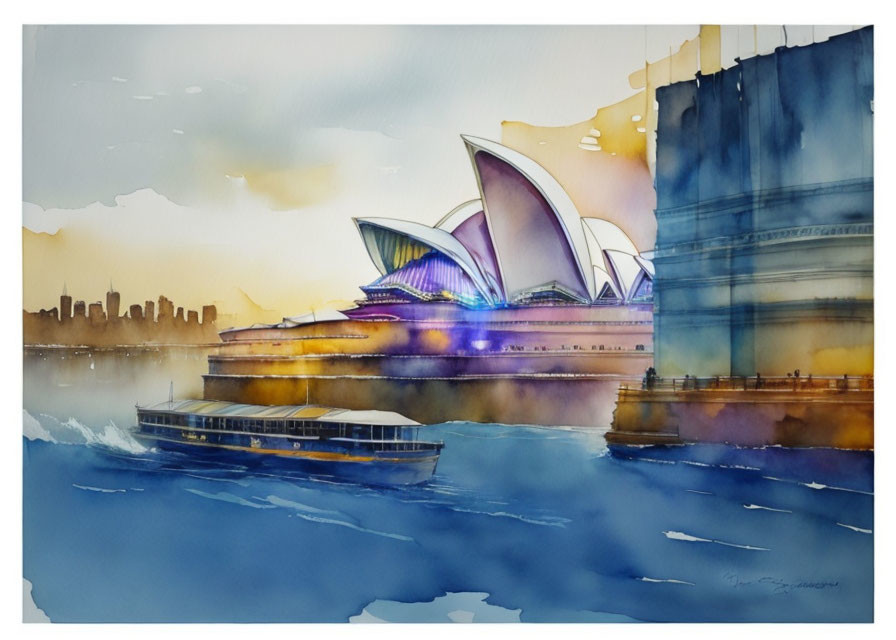 Sydney Opera House Watercolor Painting with Ferry and City Skyline