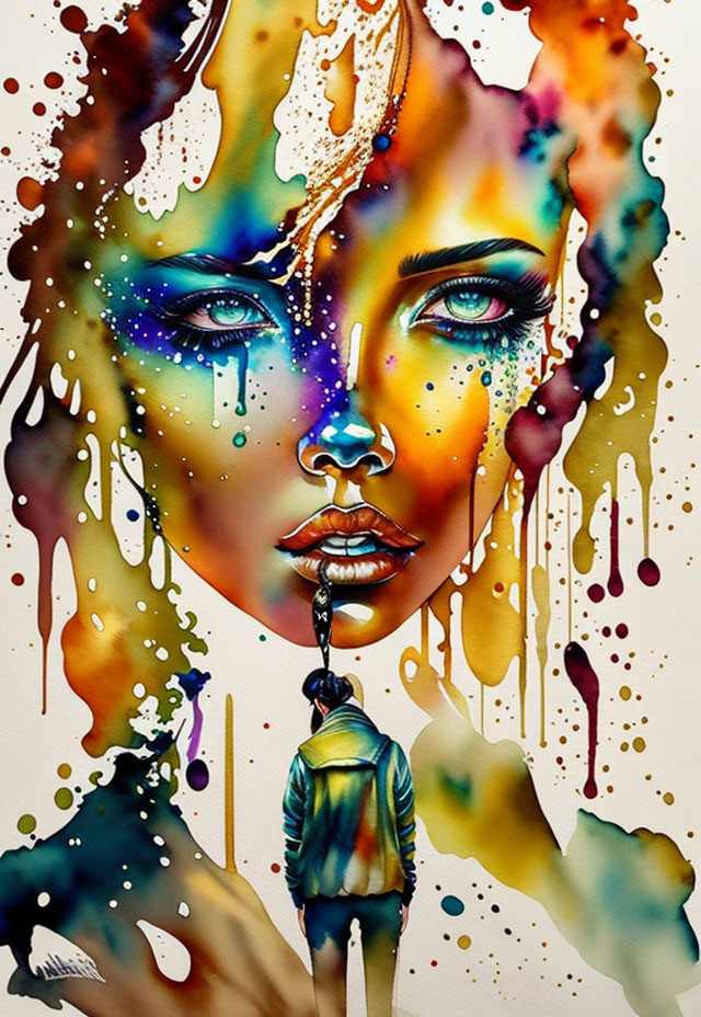 Vibrant watercolor painting of a woman's face with cosmic drips and splatters