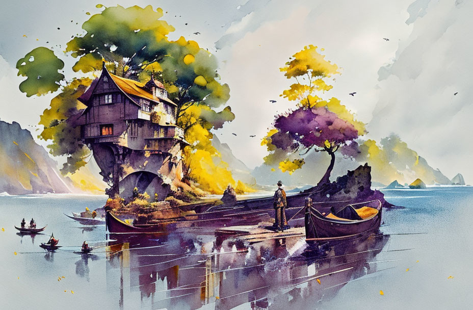 Colorful watercolor: Whimsical treehouse by calm lake