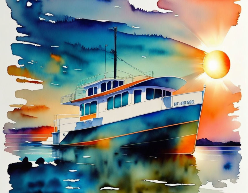 Soothing sunset watercolor: boat, calm waters, colorful sky