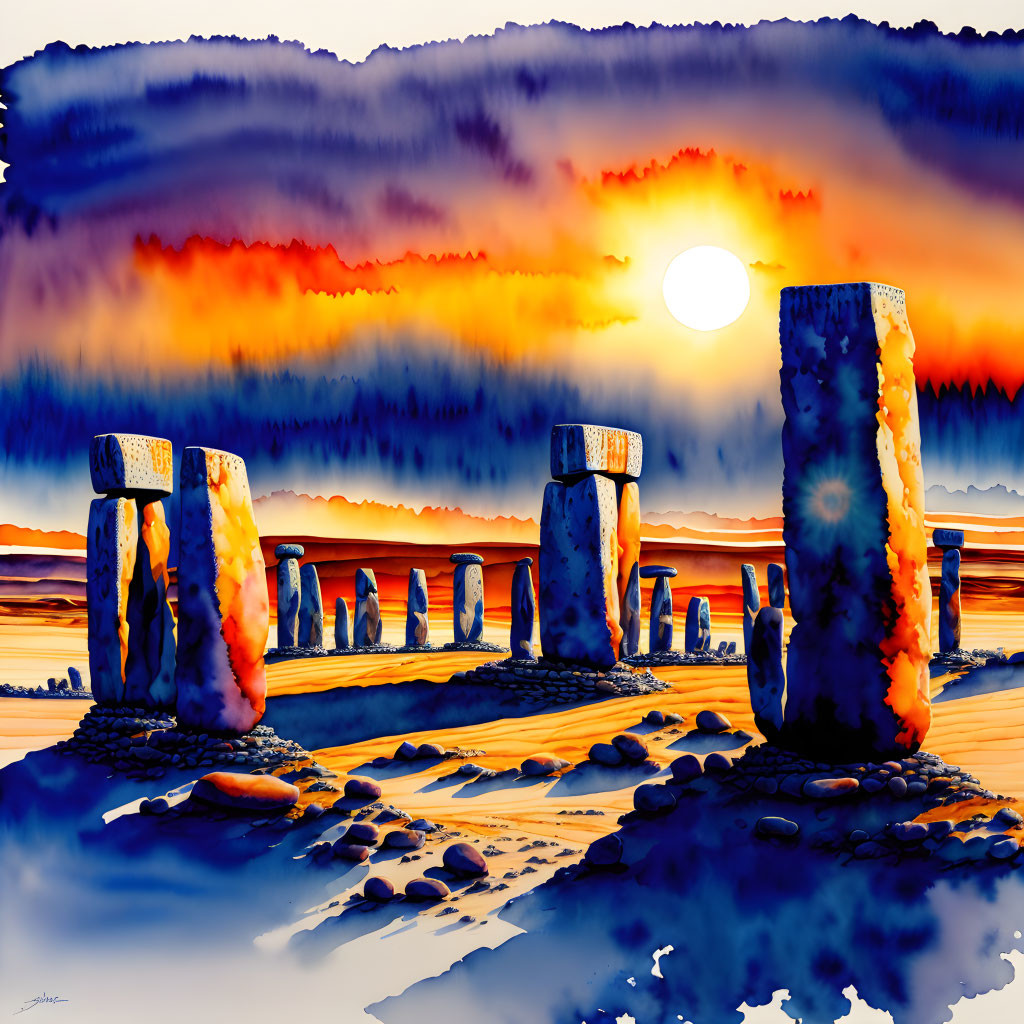 Colorful Stone Pillars Beach Sunset Painting with Shadows & Silhouette