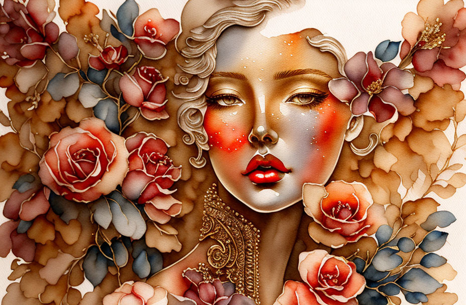 Illustrated portrait of woman with golden hair and stylized red and blue roses.