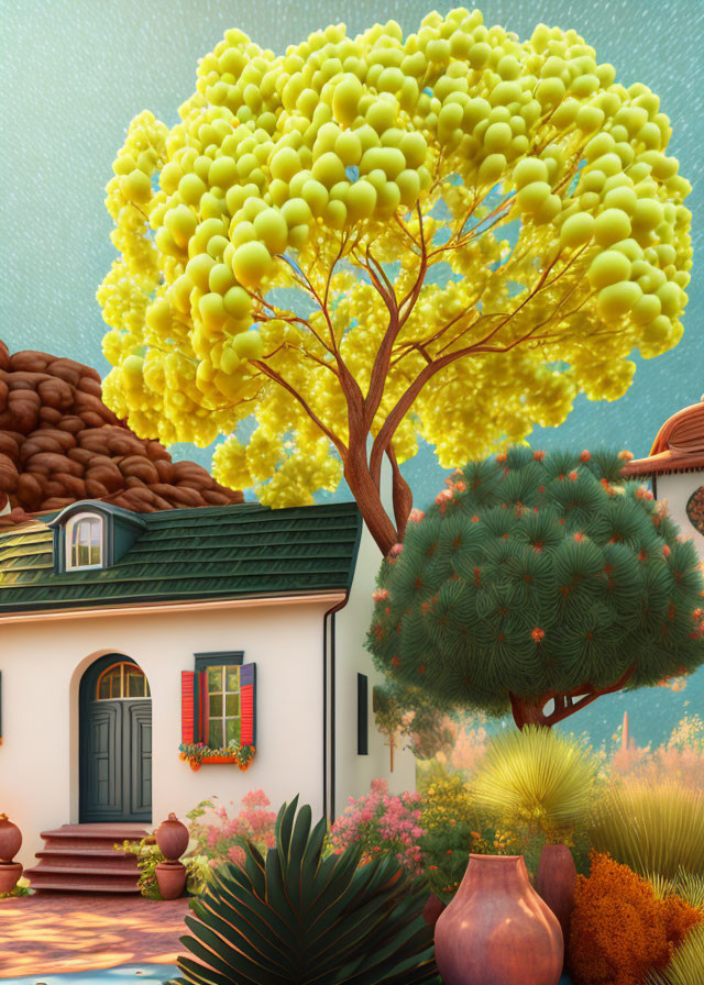 Whimsical house illustration with yellow tree and textured sky