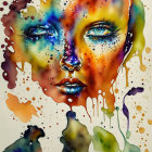 Vibrant watercolor painting of a woman's face with cosmic drips and splatters