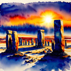 Colorful Stone Pillars Beach Sunset Painting with Shadows & Silhouette