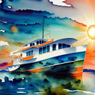 Soothing sunset watercolor: boat, calm waters, colorful sky