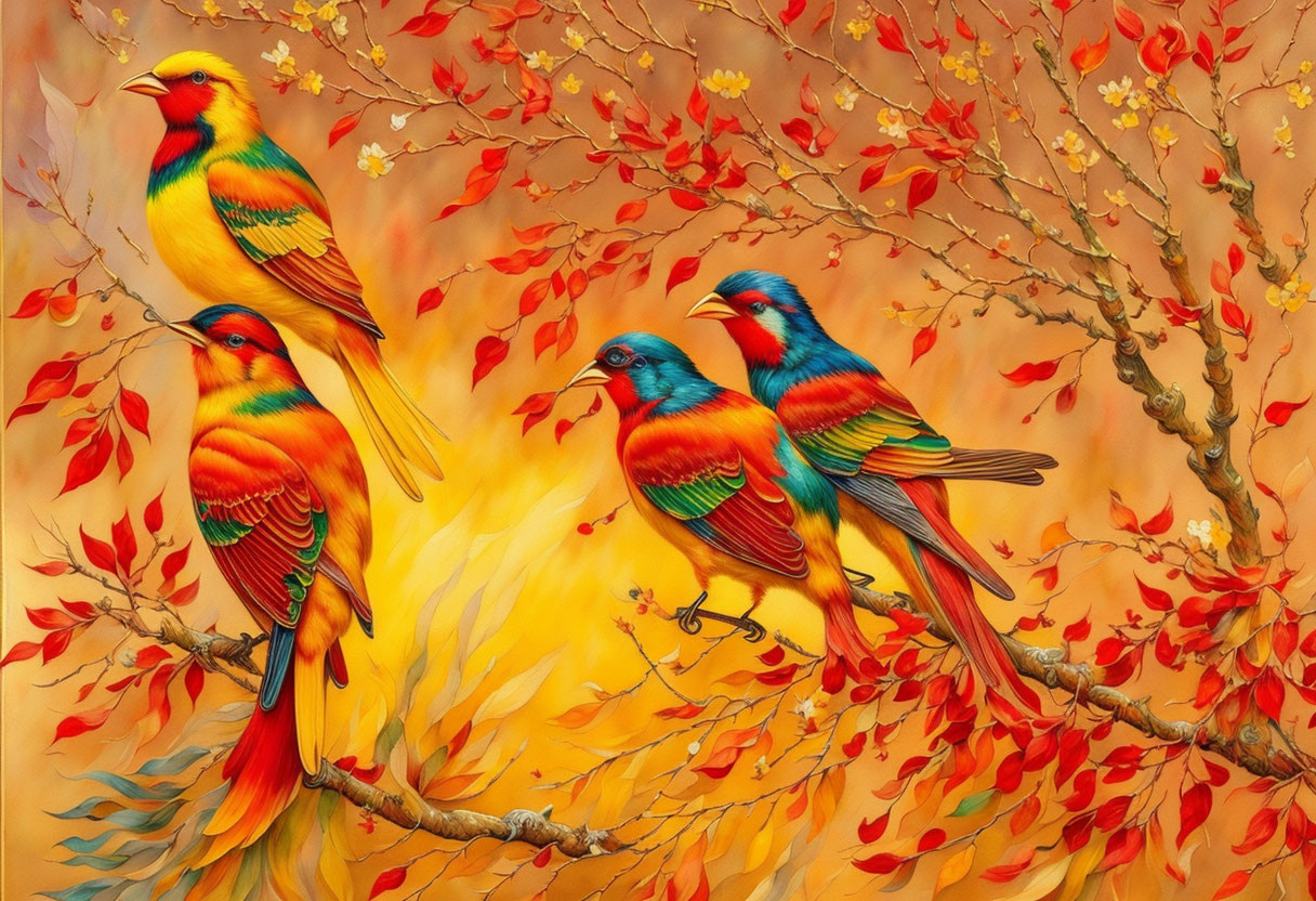 Colorful Birds Perched on Autumn Branches in Warm Tones