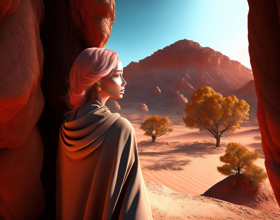 Pink-haired woman gazes at serene desert with red rocks and golden trees