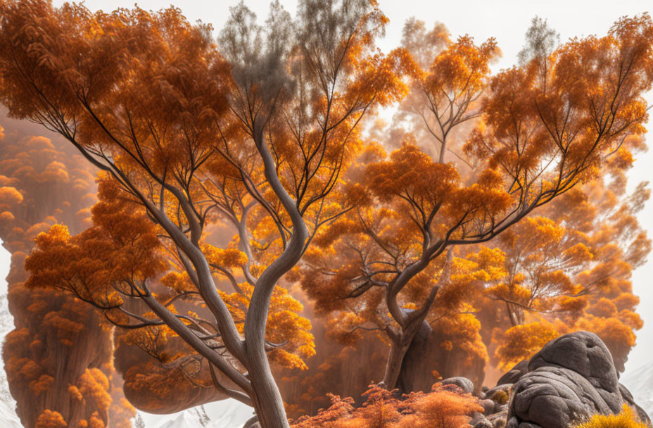 Ethereal orange-tinted trees against smoky background