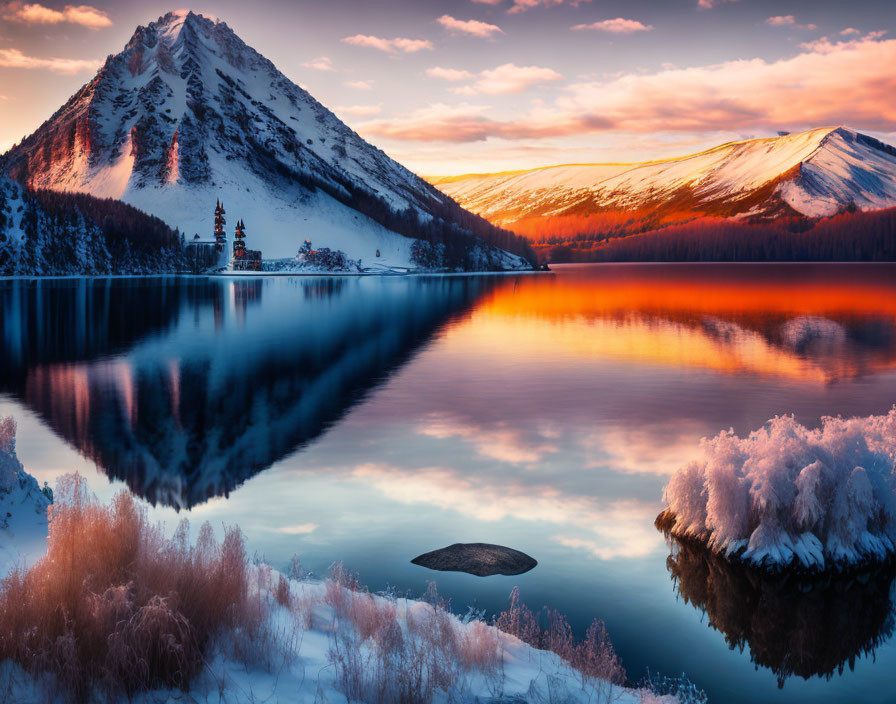 Snow-capped mountain lake at sunset with reflections, frosted vegetation, warm sky.