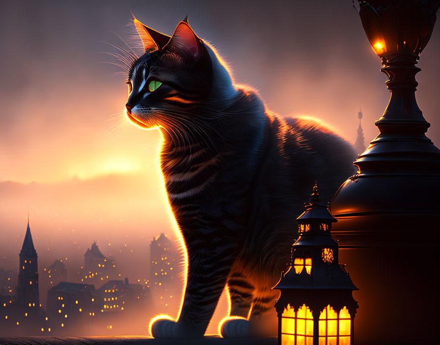 Tabby cat with lantern on ledge overlooking city at sunrise or sunset