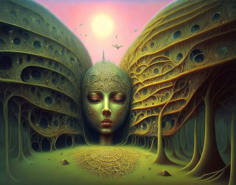 Surreal artwork: female face merges with fantastical forest under pinkish sun
