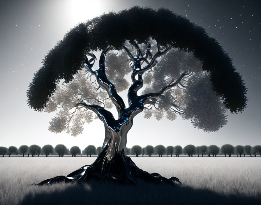 Solitary majestic tree with rounded canopy in starry field