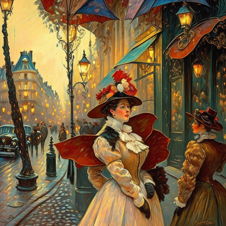 Vintage Attired Woman in Wide-Brimmed Hat on Busy City Street at Dusk