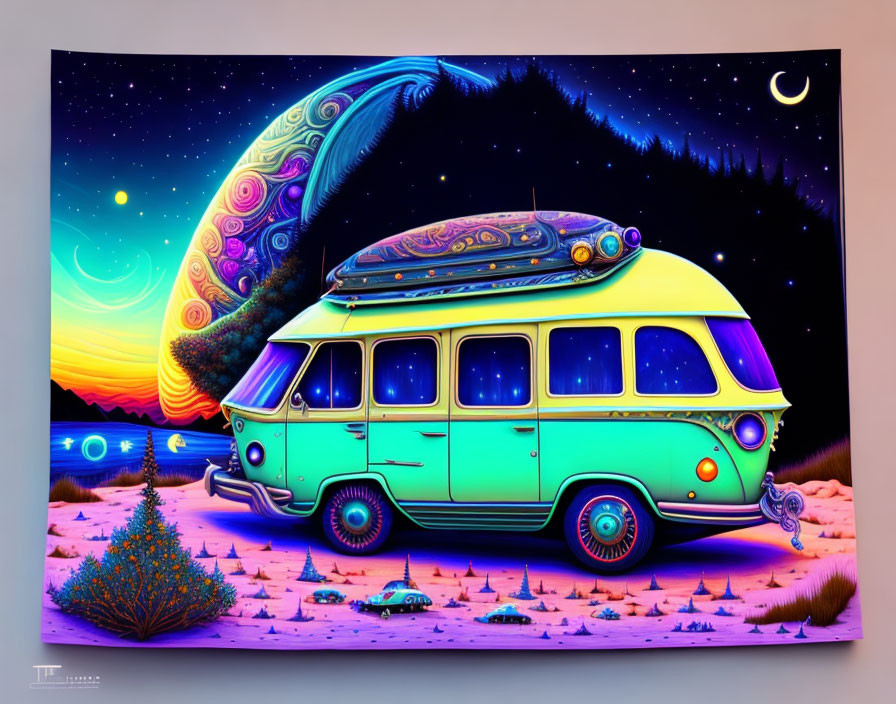 Psychedelic van illustration in surreal desert landscape