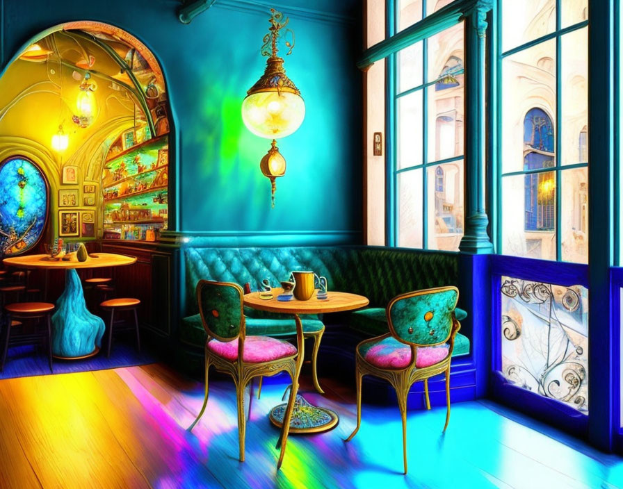 Turquoise-walled cafe with vintage furniture and colorful lighting