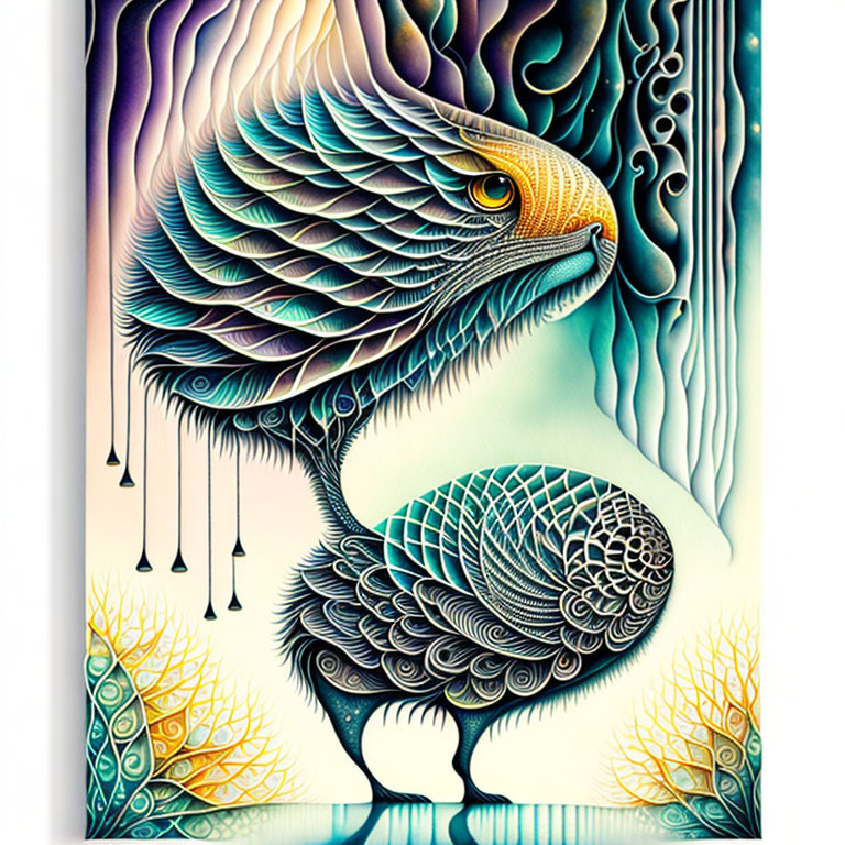 Vibrant abstract artwork: stylized bird with intricate feather patterns