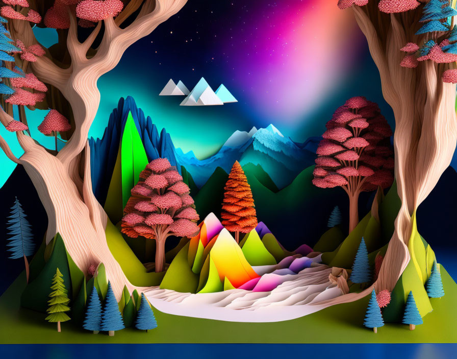 Colorful paper art landscape with layered trees and mountains