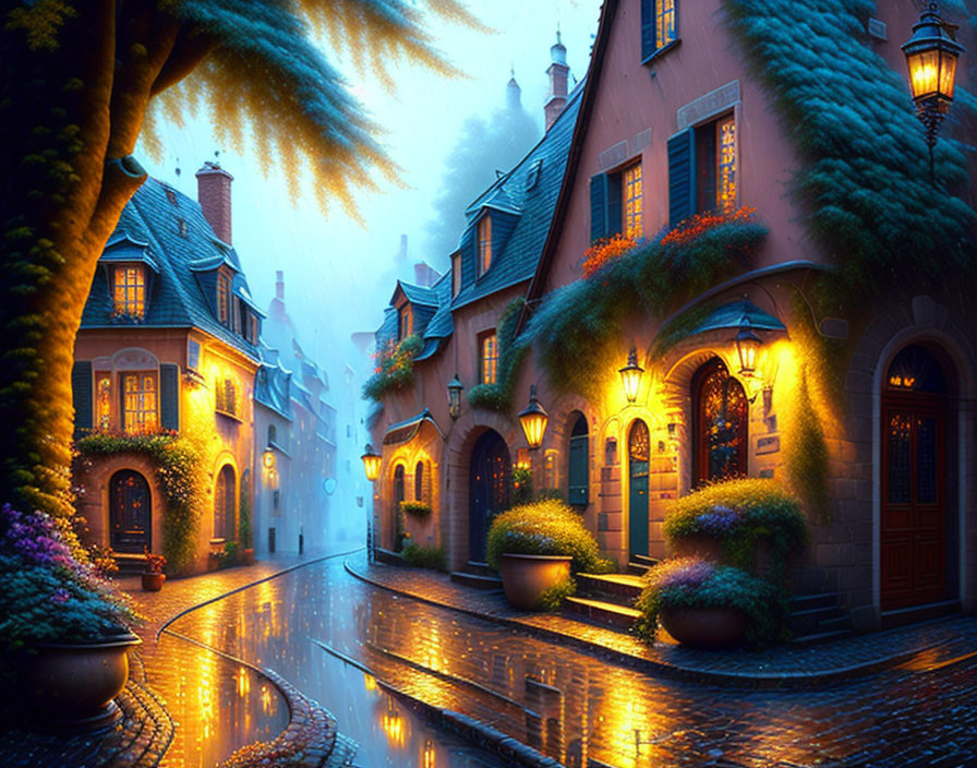 Wet Cobblestone Street at Twilight with Quaint Houses