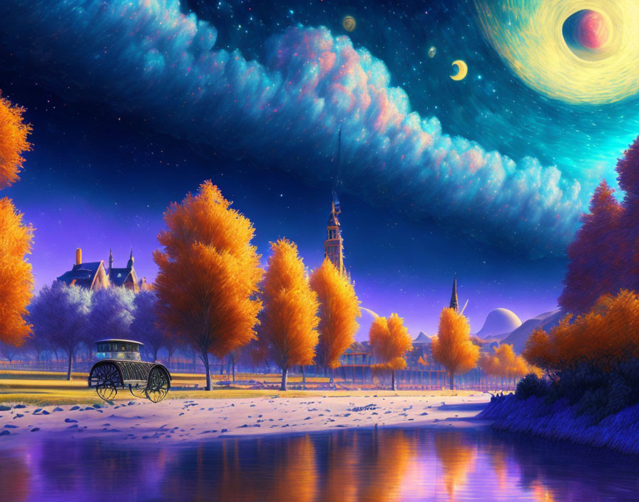 Fantasy landscape at twilight with river, carriage, orange foliage, and otherworldly sky.