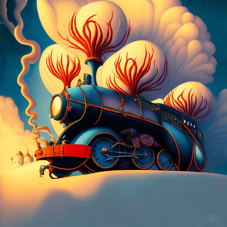 Blue steam locomotive with red coral formations in whimsical illustration