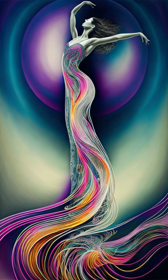 Colorful abstract illustration of woman with flowing hair and dress on dark background